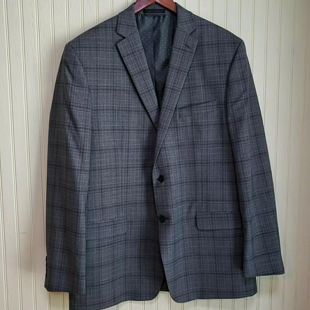 Collection By Michael Strahan Suit Jacket Mens 44L Gray Plaid Wool 2 Button